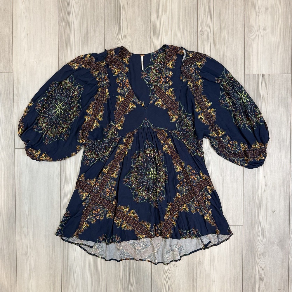 Free People‎ Women's Large Blue Paisley Girl Talk Balloon Sleeves Tunic Boho Top